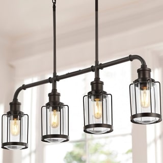 Arlo 34" 4-Light Farmhouse Industrial Iron/Glass Linear LED Pendant, Oil Rubbed Bronze/Clear by JONATHAN Y