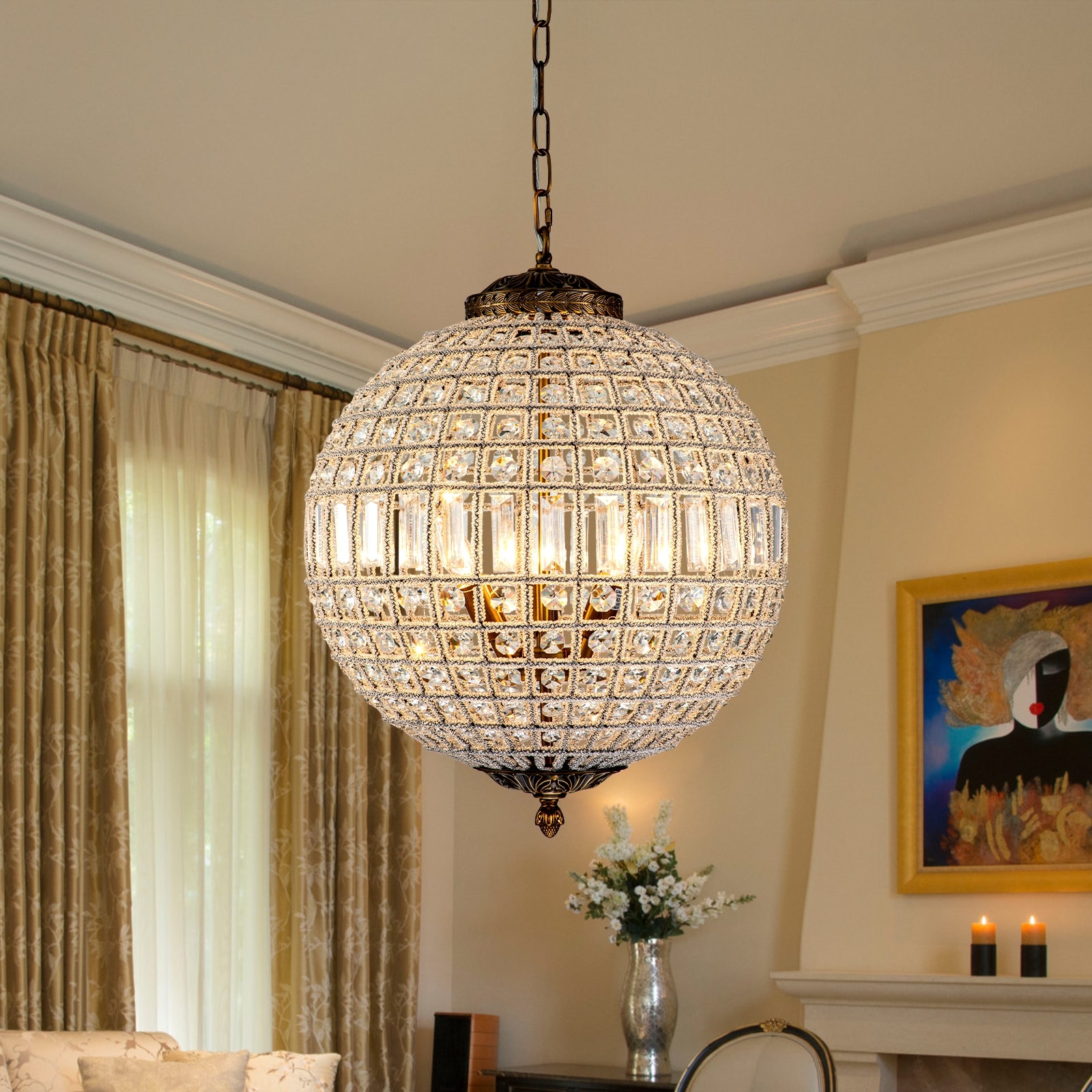 1/3/5-Light Large Size Retro French Crystal Globe Chandelier for Living Room & Foyer