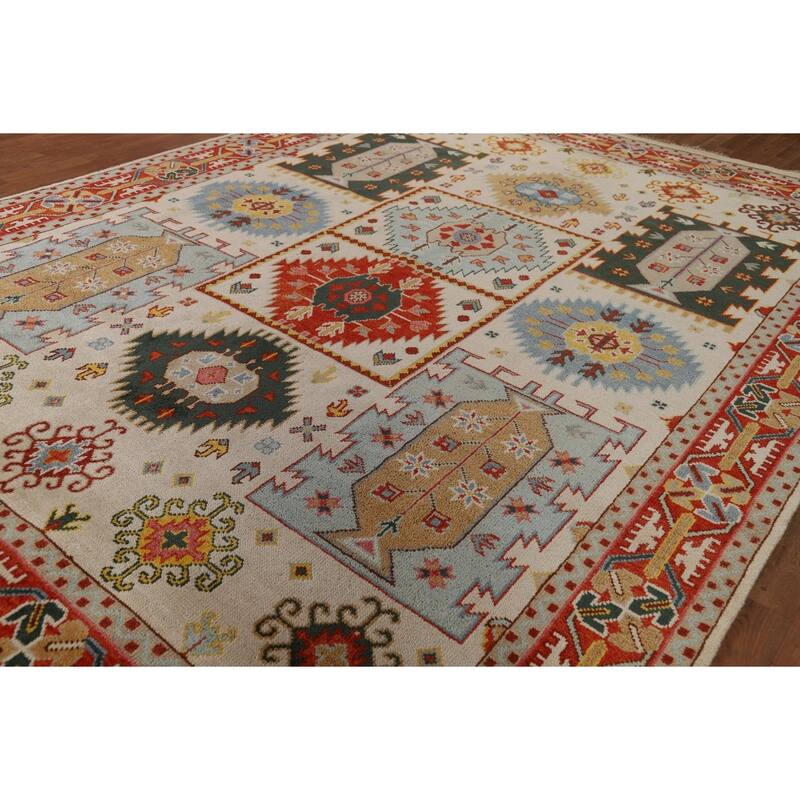 Geometric Heriz Serapi Indian Area Rug Hand-Knotted Wool Carpet - 8'11" x 12'0"