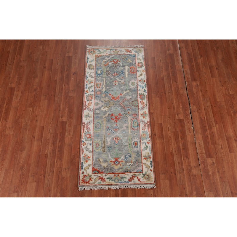 Gray Ivory Oushak Oriental Rug Hand-Knotted Wool Carpet - 2'7" x 6'2"