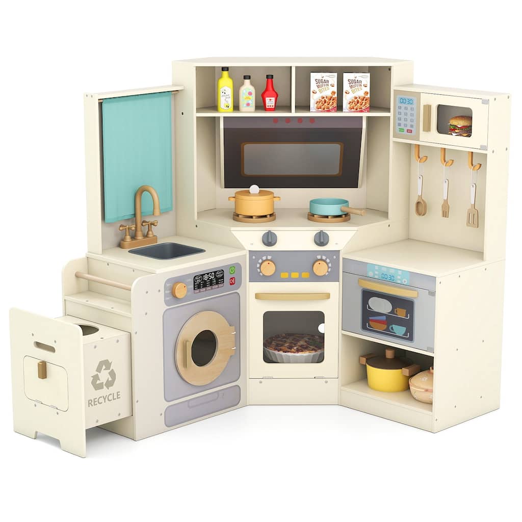 Gymax Corner Kitchen w/ Lights & Sounds Interactive Wooden Playset for