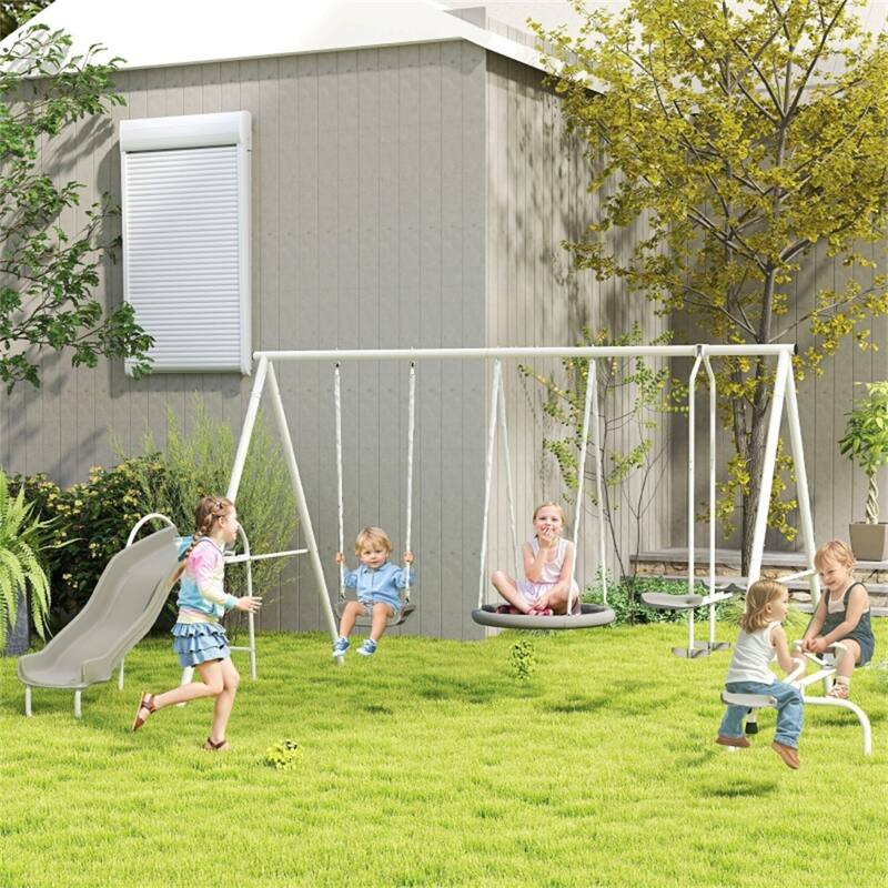 Steel Kids Swing Set with Slide, Glider and Teeter-Totter - 157.5" L x 113" W x 71.75" H