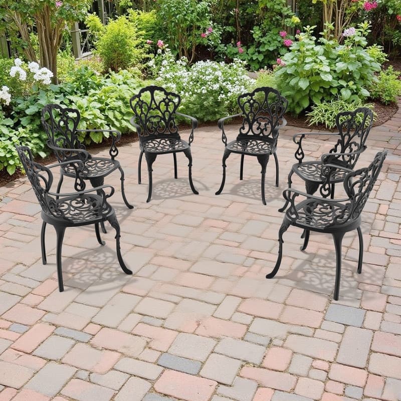 Black Cast Aluminum Patio Outdoor Dining Chairs with Seat Cushions - Black(Set of 6)