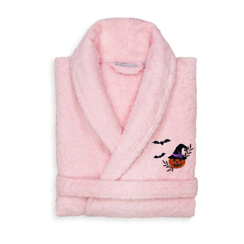 Authentic Hotel and Spa 100% Turkish Cotton Unisex Terry Bath Robe with Pumpkin Head Embroidery - L/XL - Pink