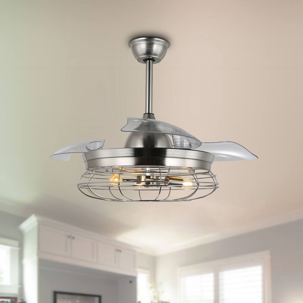 42 inch Caged Ceiling Fan with Retractable Fan Blades, 3 Bulbs, Remote Control, Industrial, Farmhouse - 42 Inches