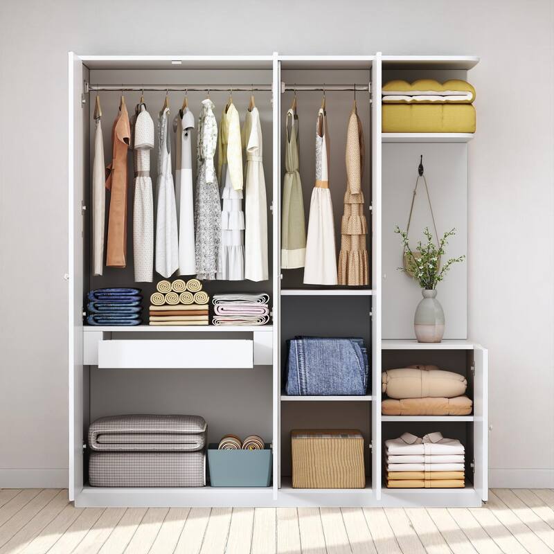 Modern Particle Board Wardrobe with Mirror, 2 Hanging Rails, 1 Drawer, Shelves and Safety Lock, 65.9" Tall