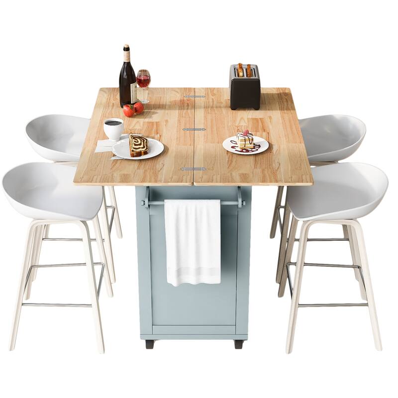 Space-Saving Kitchen Island with Foldable Countertop, Rolling Cart on Wheels, Towel Rack, Drawer & Slide-Out Shelf