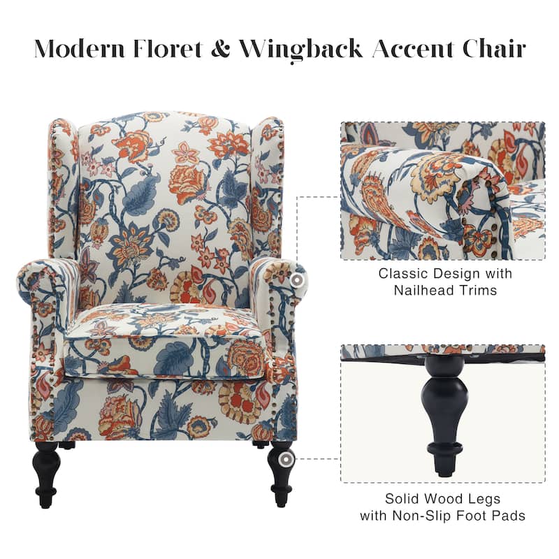 HOMYKA 29'' Wide Floral Pattern Wingback Accent Armchair with Nailhead Trim