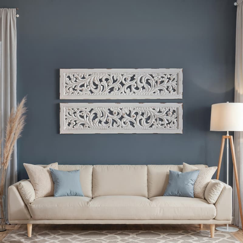 Ozy Carved Wall Art Panel Set of 2, Handcrafted Distressed White Mango Wood, 50 Inch Tall
