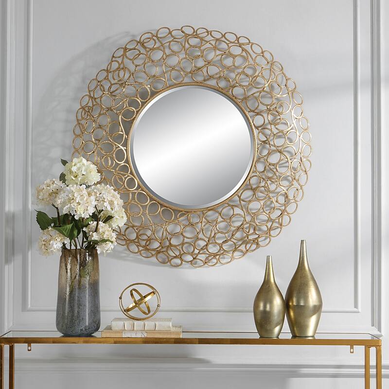 Curled Frame Round Beveled Wall Mirror - 41.75" - Gold