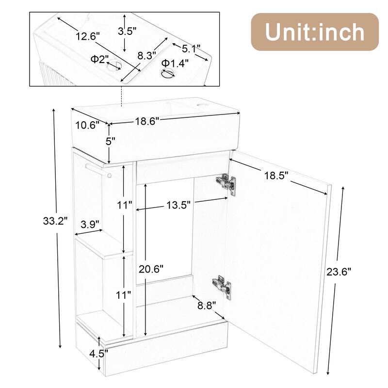 Modern 18.6" Bathroom Vanity with Sink, Two-Tier Shelf, Adjustable Toilet Paper Holder, Freestanding