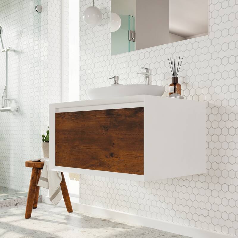 Eviva Santa Monica 30 inch Rosewood Wall Mount Bathroom Vanity with Acrylic Vessel Sink