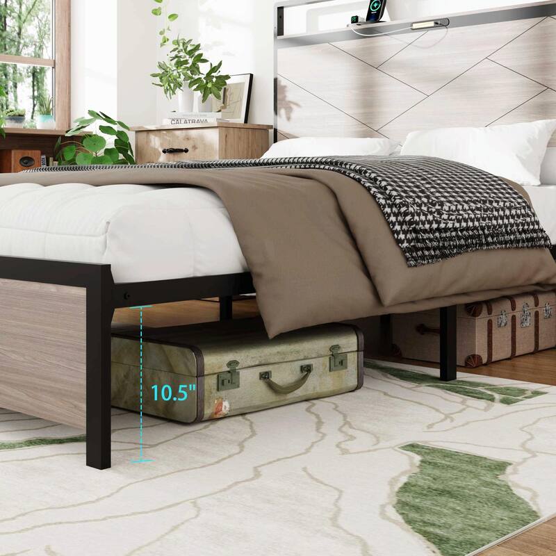 Wooden Platform Bed Frame with Storage, LED Light Headboard and 2 USB Ports, No Noise