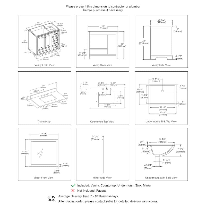 Blossom Copenhagen 36" Bathroom Vanity with Marble Top, Sink & Mirror