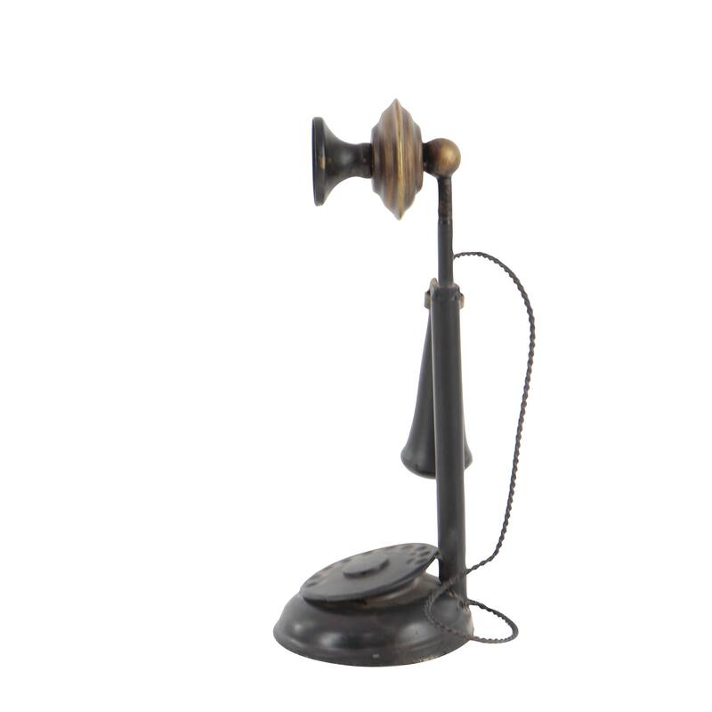Black Metal Decorative Vintage Style Telephone Decorative Sculpture with Tiered Base and Coil Wire Detailing