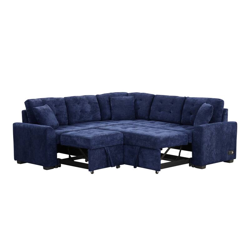 L-Shape Sofa Bed with Pull-Out Sleeper, USB Ports