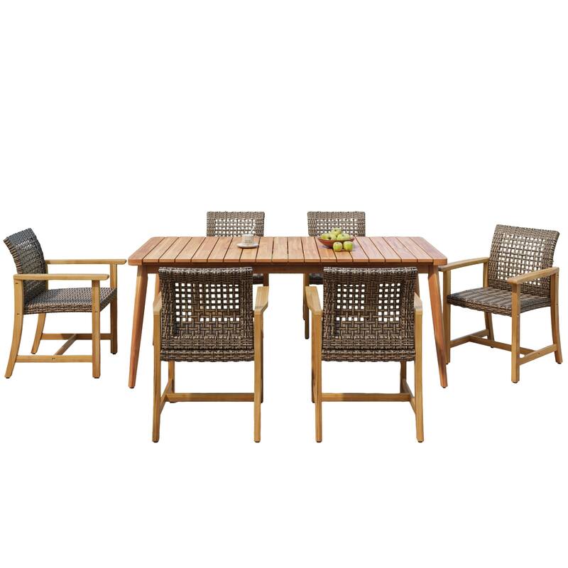 Roomfitters 7-Piece Outdoor Dining Set, Acacia Wood Patio Table and 6 Wicker Armchairs for Garden Backyard