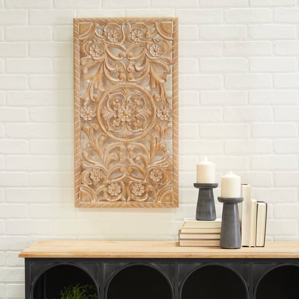 Brown Wood Handmade Intricately Carved Floral Home Wall Decor