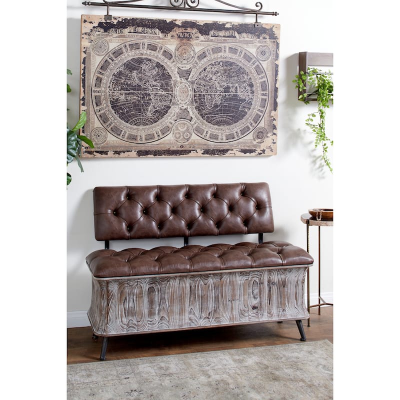 Wood Storage Bench with Tufted Faux Leather Seat and Back - Brown - Roche River Decor - 20"W x 47"L x 32"H