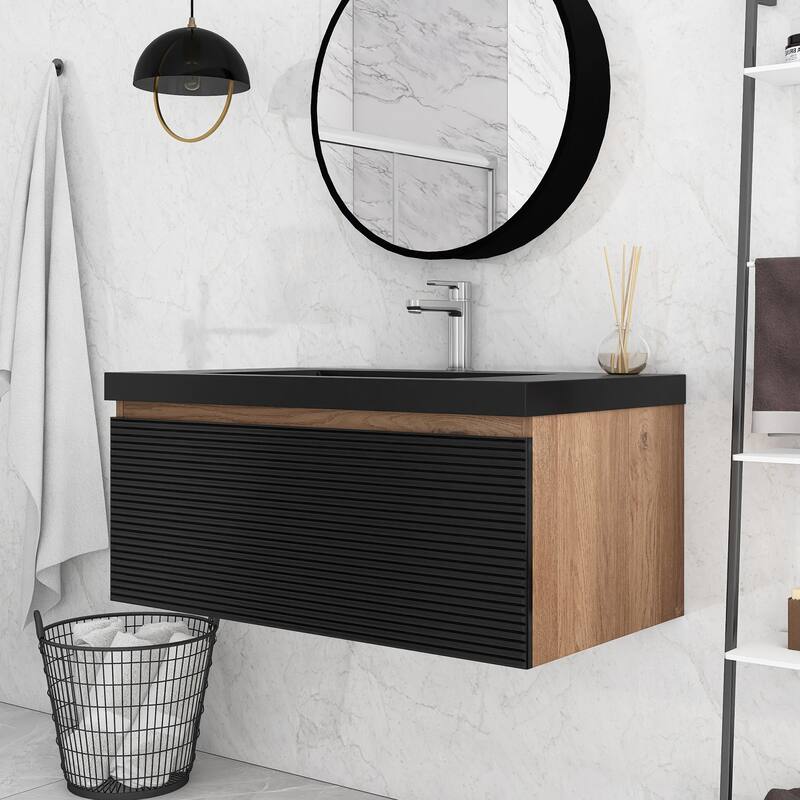 Floating Bathroom Vanity in Natural Oak with Integrated Resin Top