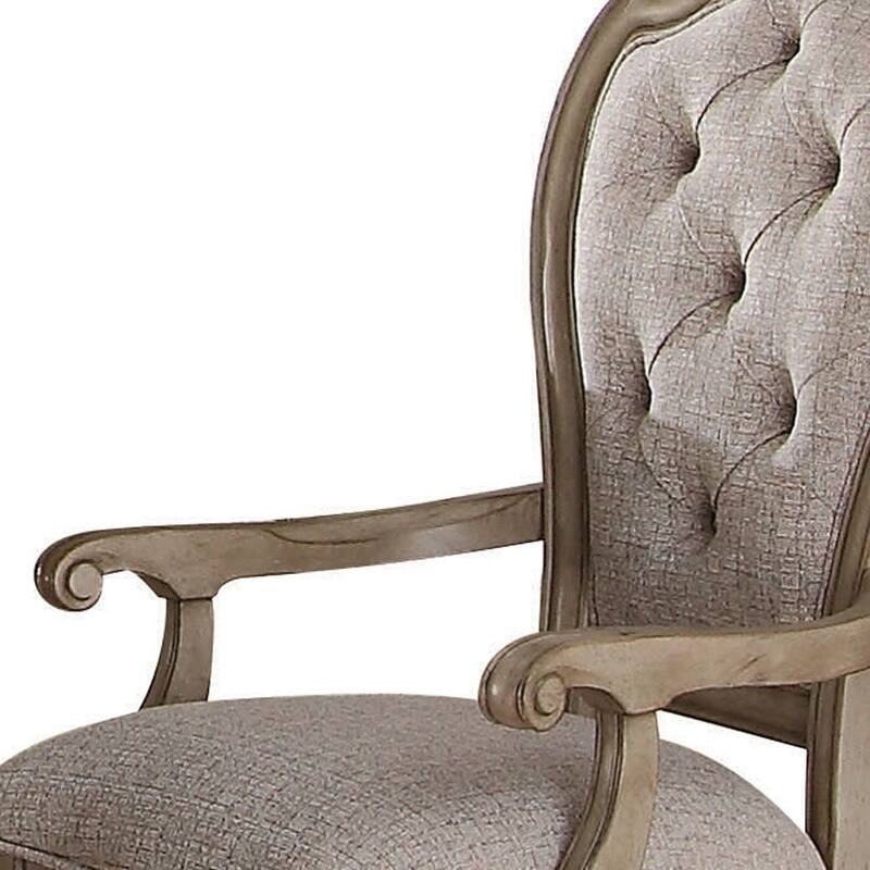 HomeRoots Set of Two Tufted Beige and Taupe Upholstered Fabric And Solid Wood Dining Arm Chairs