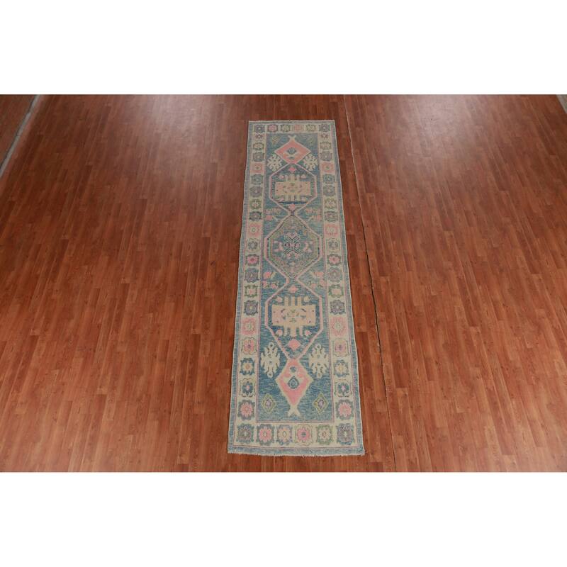 Hand Knotted Oriental 100% Wool Carpet Transitional Geometric Navy Blue & Blues Oushak Runner Rug - 11' 9'' X 3' 3''