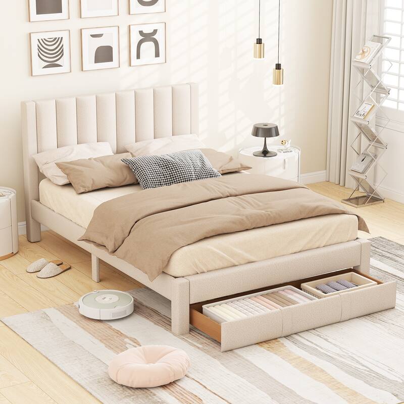 Gymax Queen Size Bed Frame w/Storage Drawer & Vertical Channel