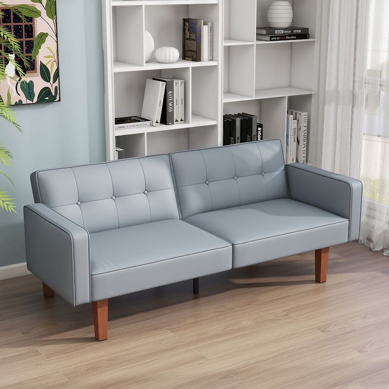 68 in. Twin Size Convertible Sofa Bed Couch w/ Tufted Adjustable Backrest, 5 Colors Optional - 22.44"D x 68.11"W x 28.74"H - Grey-PU