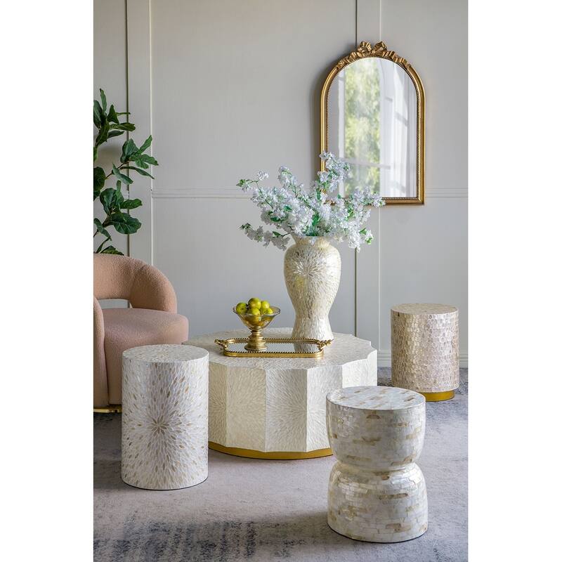 14x14x18" Cylindrical Accent Stool With Gold And Black Capiz Shell Finish And Pedestal Base