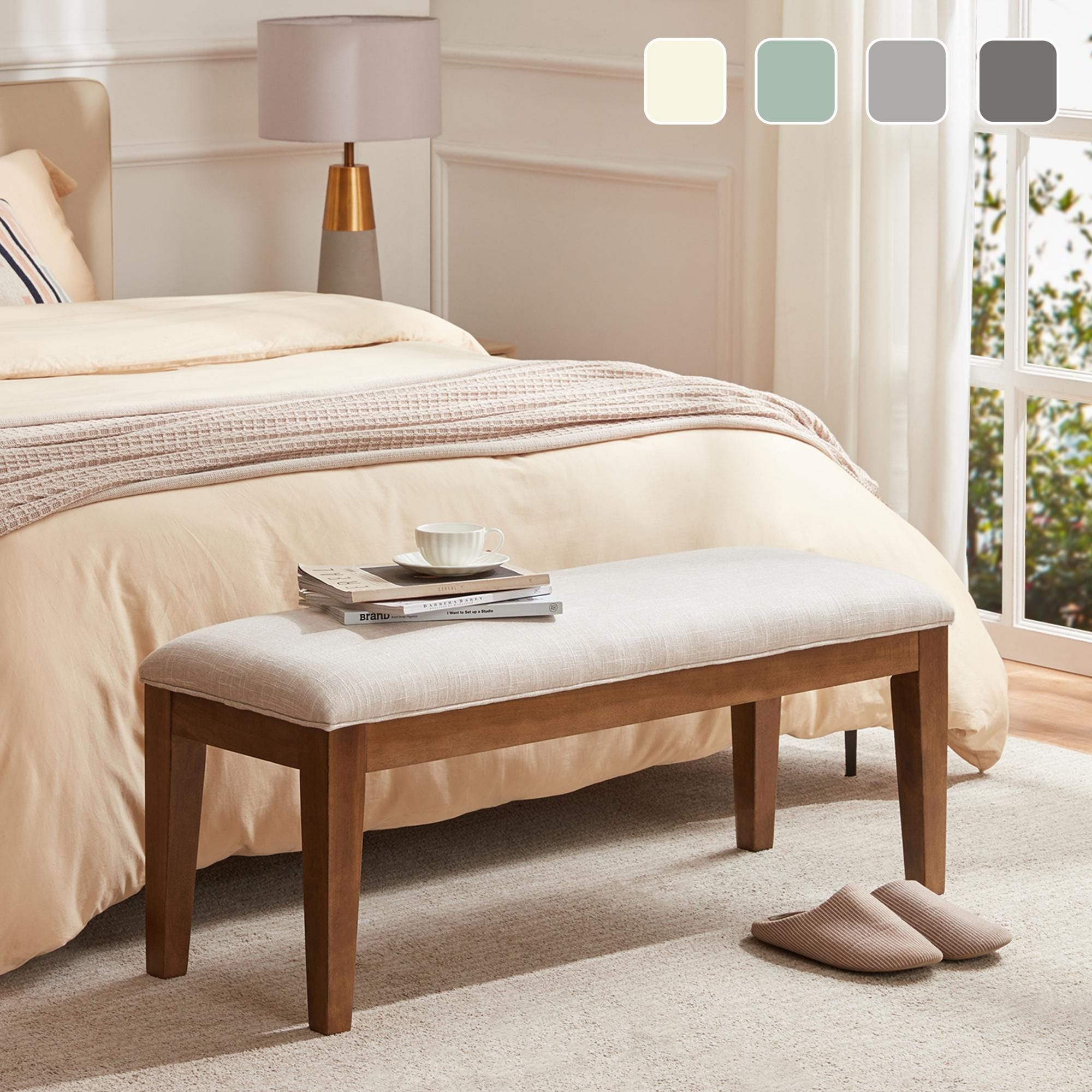 Upholstered Fabric Entryway Bench Bedroom Bench for End of Bed Beige Solid Wood 44 inch