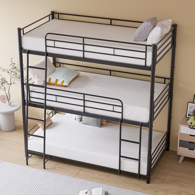 Triple Twin Bunk Beds,Twin Over Twin Over Twin Metal Bunk Bed Platform Frame,3 Bed Bunk Beds with Guardrails,Ladder & Storage