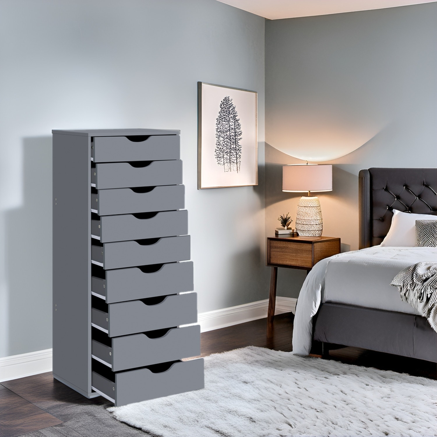 Narrow Wooden 9-Drawer Cabinet with Smooth-Glide Drawers and Top Storage Shelf