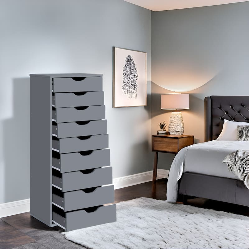 Narrow Wooden 9-Drawer Cabinet with Smooth-Glide Drawers and Top Storage Shelf - Grey