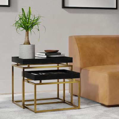 WYNDENHALL Audrina MANGO WOOD & Metal 20" Wide Contemporary 2 Pc Nesting Table in Black, Gold