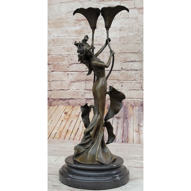 Tulip Young Girl Candlestick Statue Bronze Art Deco Candleholder Sculpture