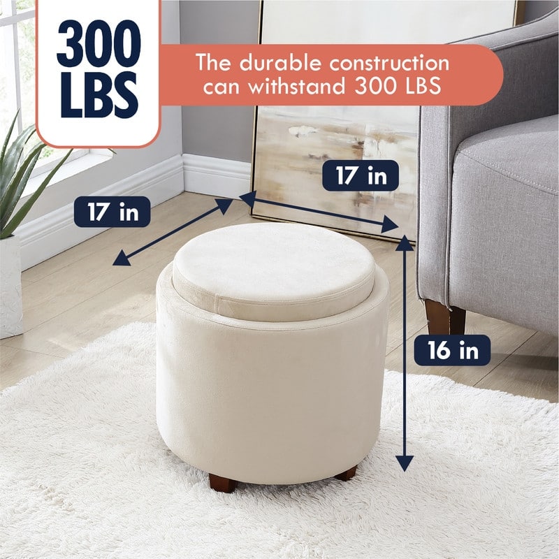 Ornavo Home Lawrence Round Storage Ottoman with Lift Off Lid and Tray Lid Coffee Table