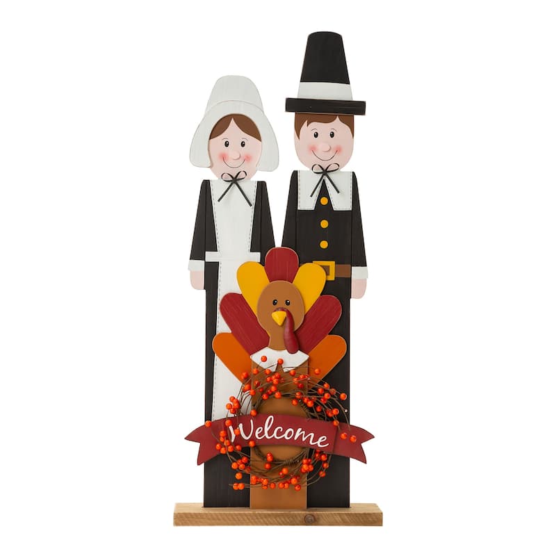 Glitzhome Fall Lighted Wooden Welcome Porch Decor w/Wreath - 36"H - Pilgrim(No Lights)