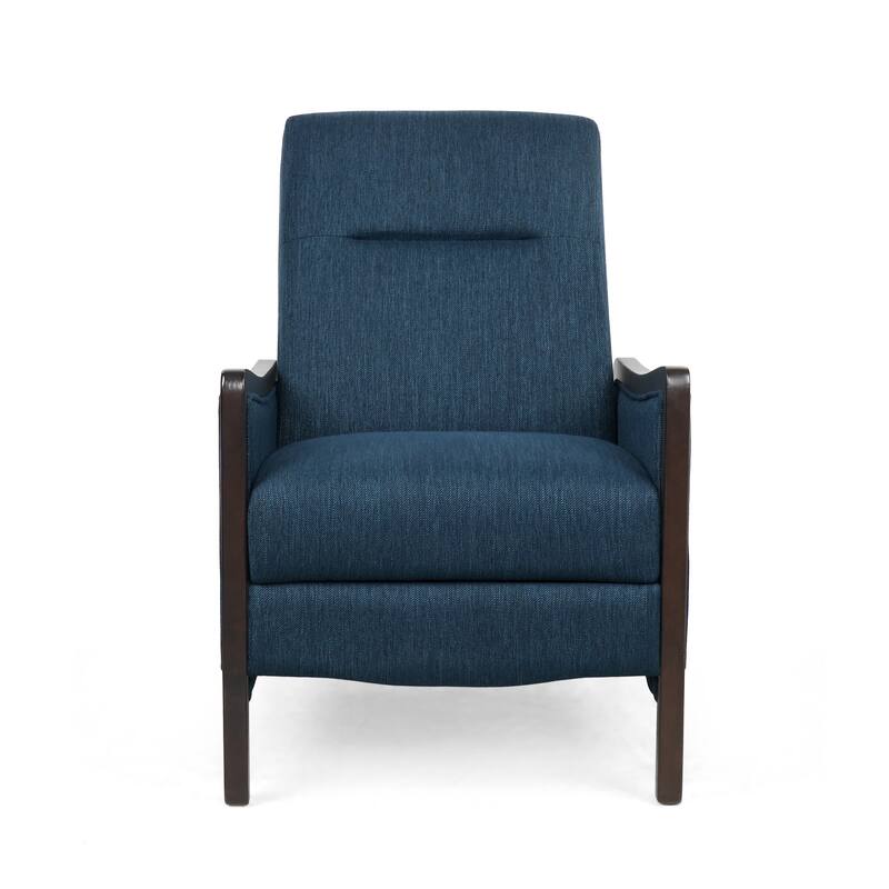 Navy Blue Mid-Century Upholstered Push-Back Recliner with Footrest and Birch Wood Frame