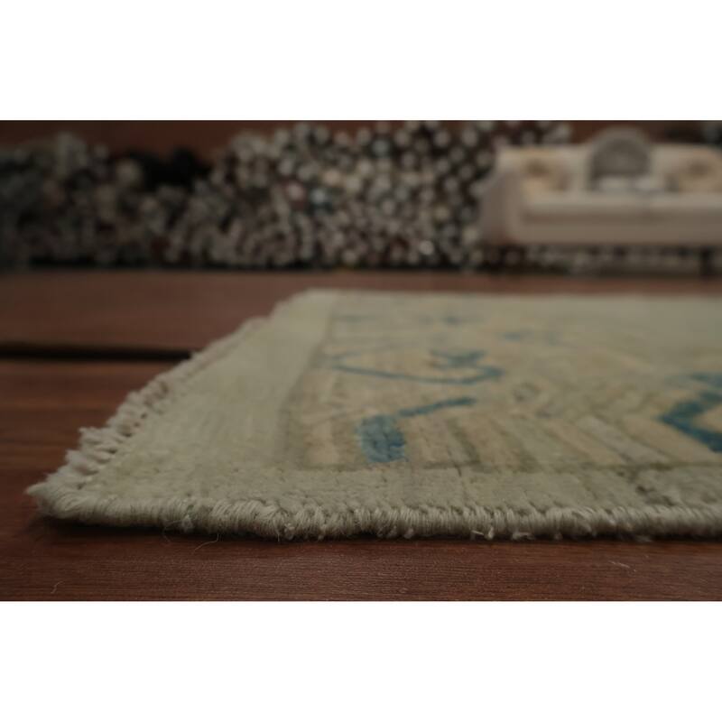 Hand Knotted Oriental 100% Wool Carpet Transitional Geometric Green Khotan Runner Rug - 11' 11'' X 3' 3''