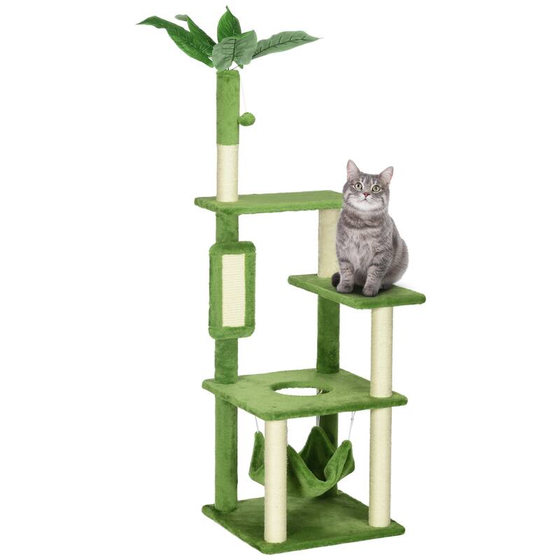 PawHut 56" Multi-Level Cat Tree, Cat tower with Scratching Post, Hammock, Platforms, Play Ball & Anti-Tipping Device - Green