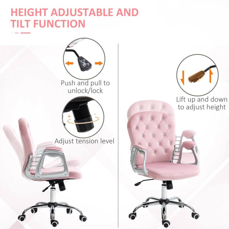 Adjustable Velvet Desk Chair with Swivel Wheels, Padded Armrests, Tilt Function, and Comfortable Curved Backrest for Home Office