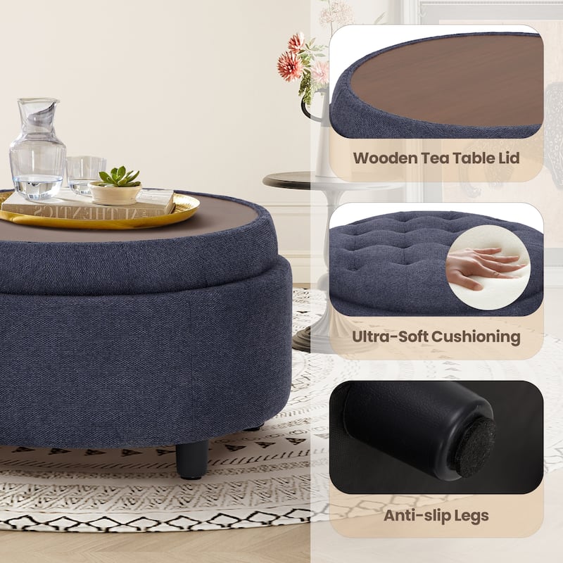 RENEWLINE Fabric Storage Ottoman with Tray Lid - Footrest & Hidden Storage for Living Room​
