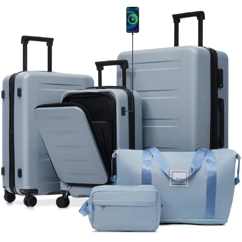Luggage Sets 5 Piece with Front Opening, Hardside Expandable Carry On Suitcase Set with Double Spinner Wheel with USB Port - Blue