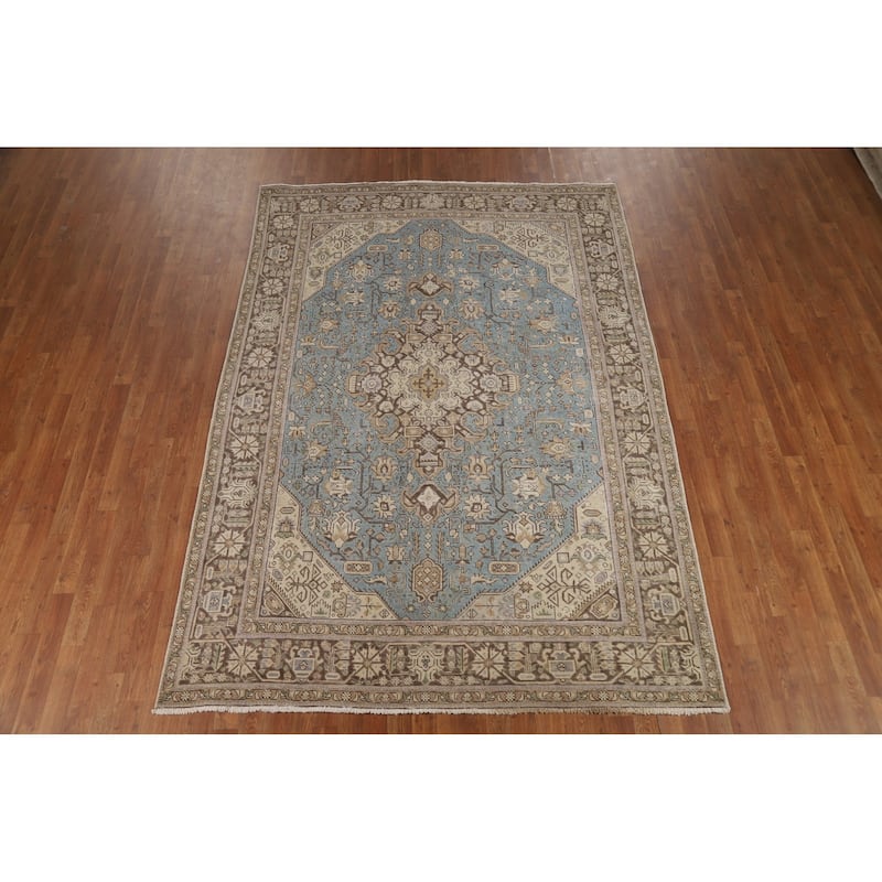 Hand Knotted Oriental 100% Wool Carpet Traditional Medallion Navy Blue & Blues Tabriz Area Rug - 9' 5'' X 6' 7''