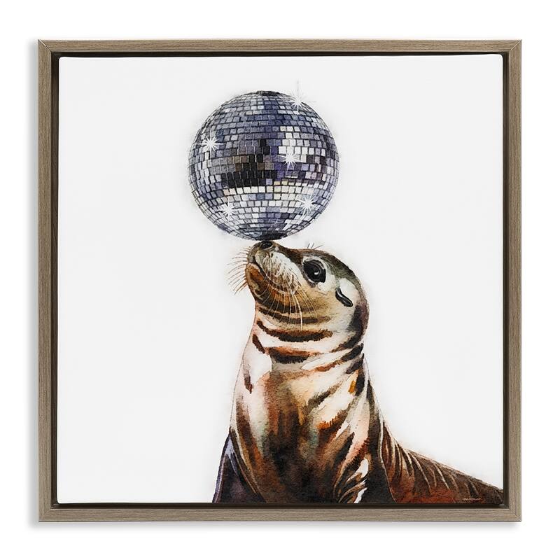 Stupell Seal Balancing Disco Ball Framed Floater Canvas Wall Art Design By Amanda Greenwood - 18 x 18 - Brown