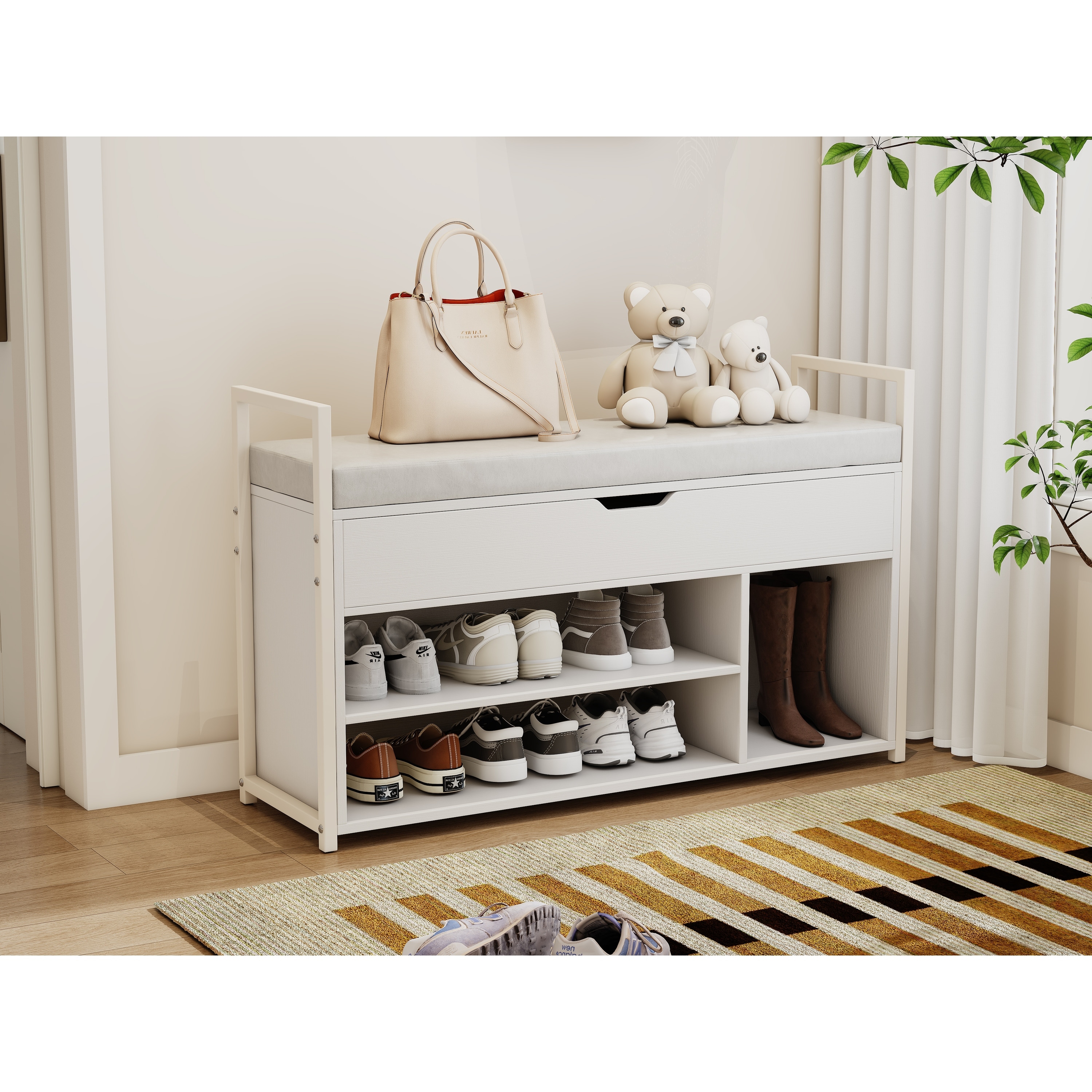 39"Shoe Storage Bench, Entryway Bench with Lift Top Storage Box, Metal and Board Bench, Two Tier Shoe Rack Organizer
