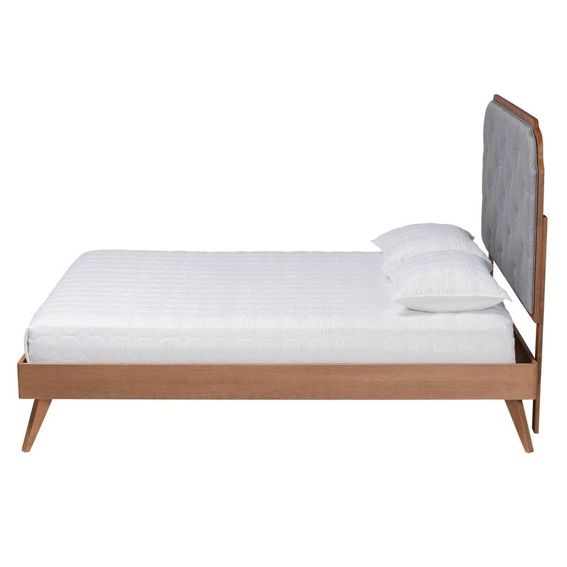 Lorana Mid-Century Modern Grey Fabric and Walnut Brown Wood Queen Size Platform Bed
