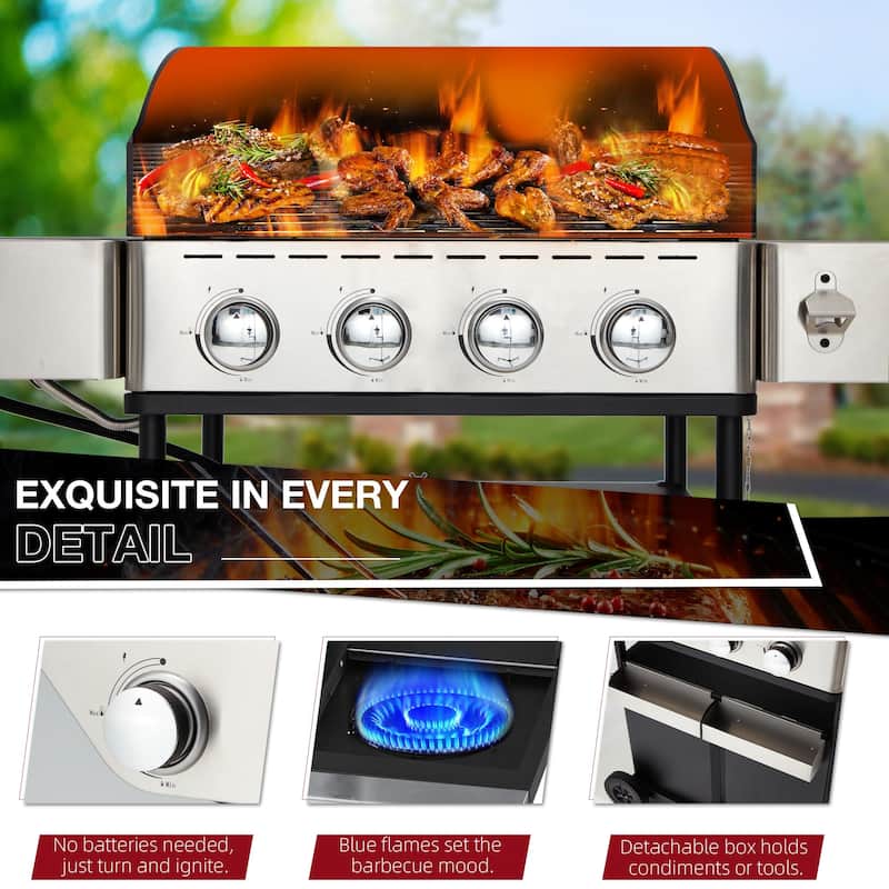 Outdoor BBQ Gas Grill - 58K BTU, Stainless Steel, with Stove & Side Table, perfect for camping, picnics, and gatherings