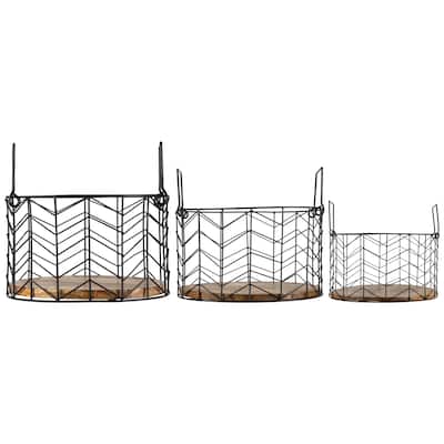 Round Iron Nesting Baskets with Natural Wood Base - 14" - Set of 3