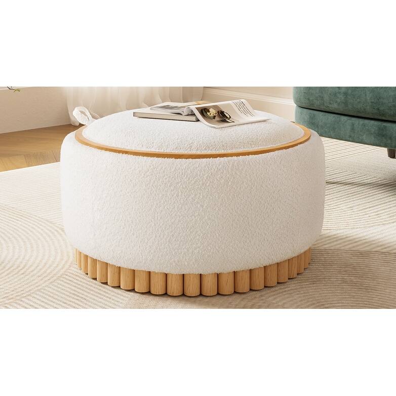29" Round Storage Ottoman with Solid Wood Legs, Coffee Table with Reversible Lid, Boucle Fabric Footrest for Living Room